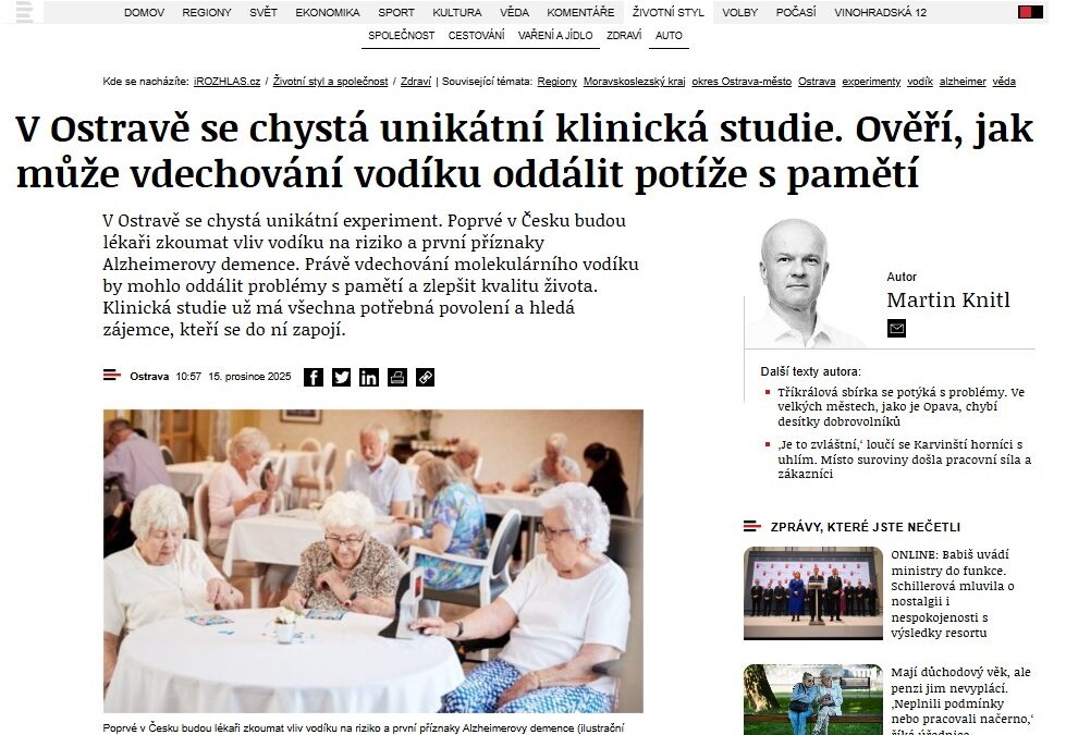 Interview on Czech Radio at 6:20 a.m. with neurologist Prof. MUDr. David Školoudík, Ph.D., FESO, FEAN, and David Maršálek, CEO and Founder of H2 Global Group, discussing molecular hydrogen and the first clinical study of its kind in the Czech Republic.
